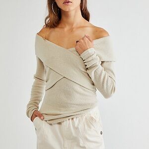 Free People Marley Top Ribbed Off Shoulder Oatmeal - S